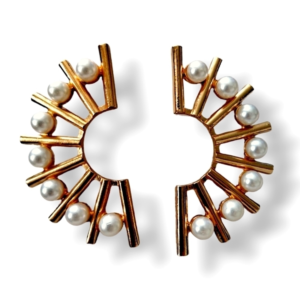 Goldtone Fan Shape Crescent Sunburst Earrings with Faux Pearls Accent